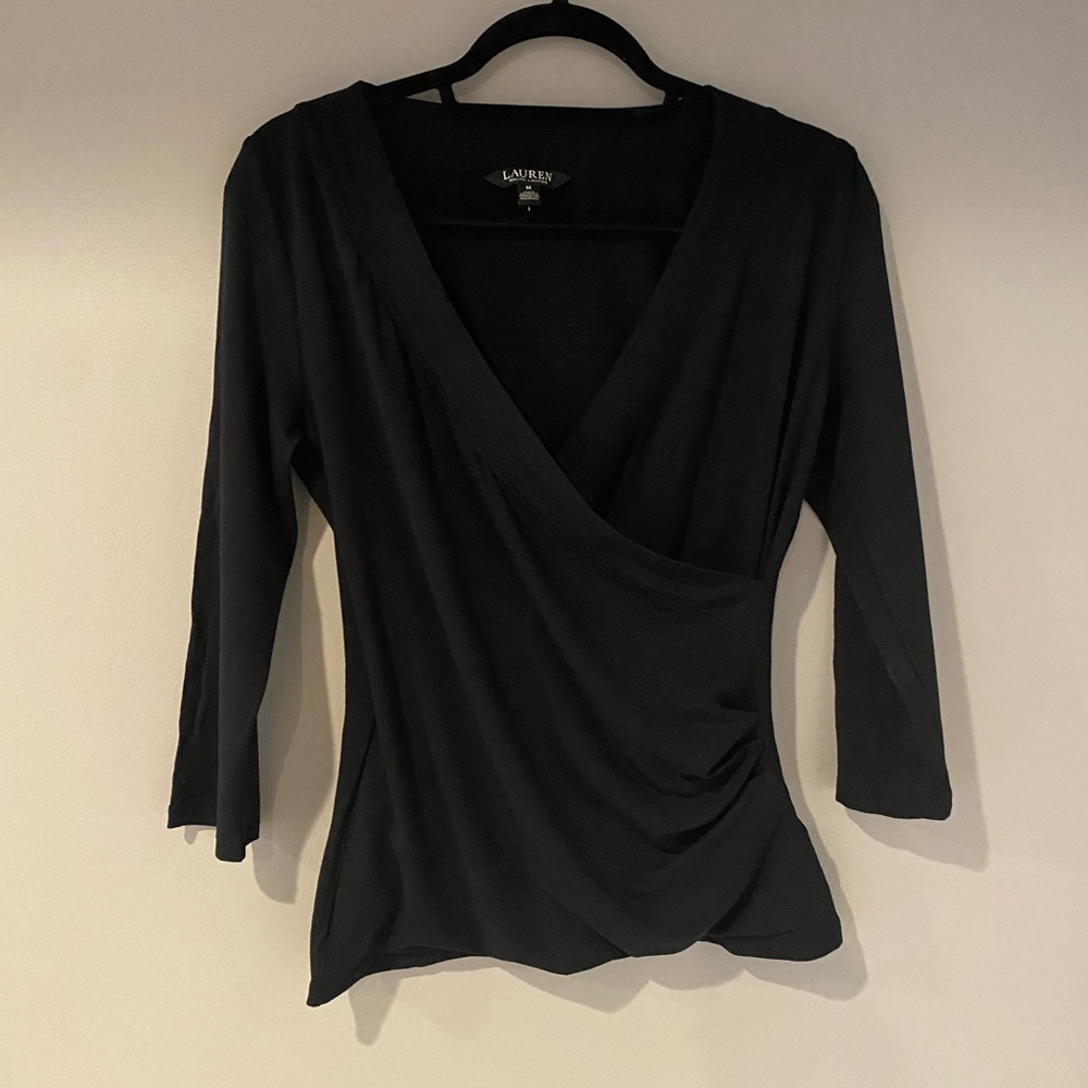 Lauren Ralph Lauren Black Faux-Wrap 3/4 Sleeve Top